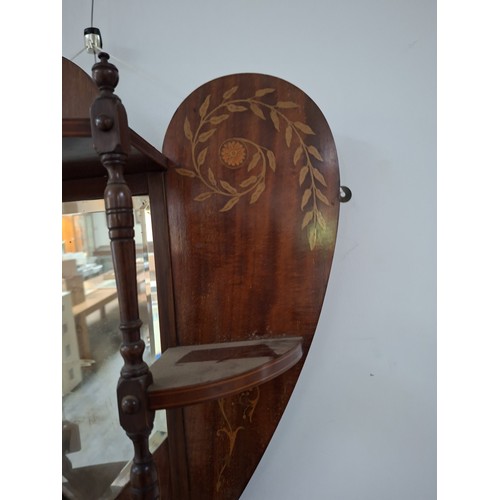 29 - Victorian heart shaped wooden with inlaid design wall mirror with shelves 54cm x 63cm approx. As fou... 