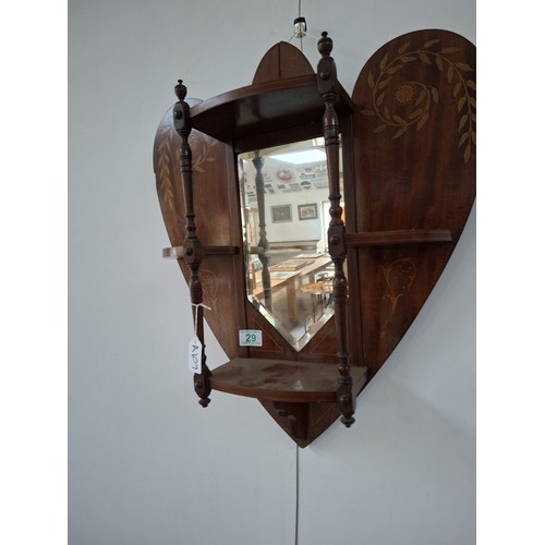 29 - Victorian heart shaped wooden with inlaid design wall mirror with shelves 54cm x 63cm approx. As fou... 