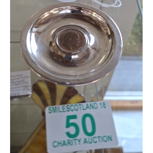 50 - 1902 Birmingham Hallmarked silver pin tray with Edward VII 1902 coin 7cm dia approx.