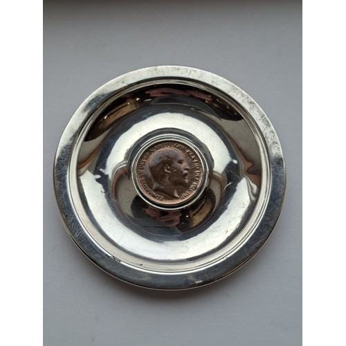50 - 1902 Birmingham Hallmarked silver pin tray with Edward VII 1902 coin 7cm dia approx.
