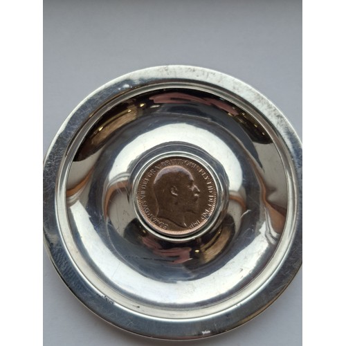 50 - 1902 Birmingham Hallmarked silver pin tray with Edward VII 1902 coin 7cm dia approx.