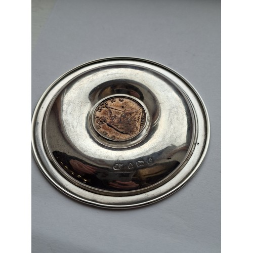 50 - 1902 Birmingham Hallmarked silver pin tray with Edward VII 1902 coin 7cm dia approx.