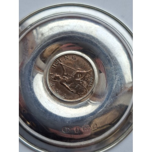 50 - 1902 Birmingham Hallmarked silver pin tray with Edward VII 1902 coin 7cm dia approx.