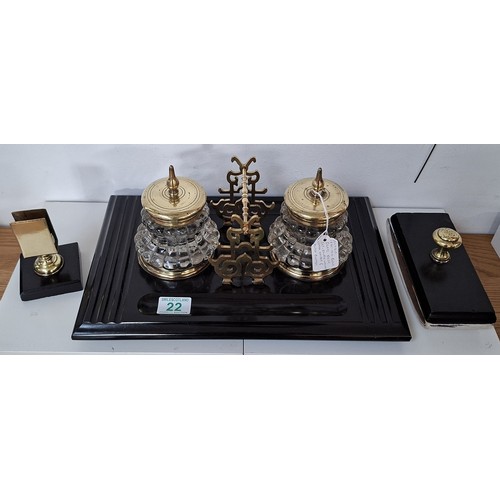 22 - Antique circa 1900 black slate desk set double ink wells, pen and letter holder plus blotter
