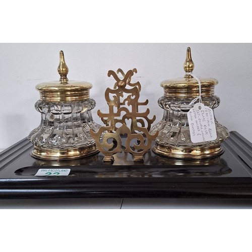 22 - Antique circa 1900 black slate desk set double ink wells, pen and letter holder plus blotter