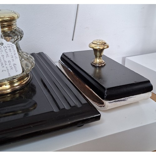 22 - Antique circa 1900 black slate desk set double ink wells, pen and letter holder plus blotter