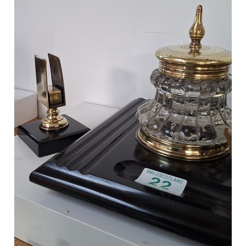22 - Antique circa 1900 black slate desk set double ink wells, pen and letter holder plus blotter