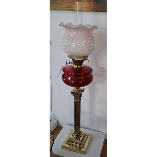 23 - Cranberry glass font brass oil lamp circa 1900 with inscription