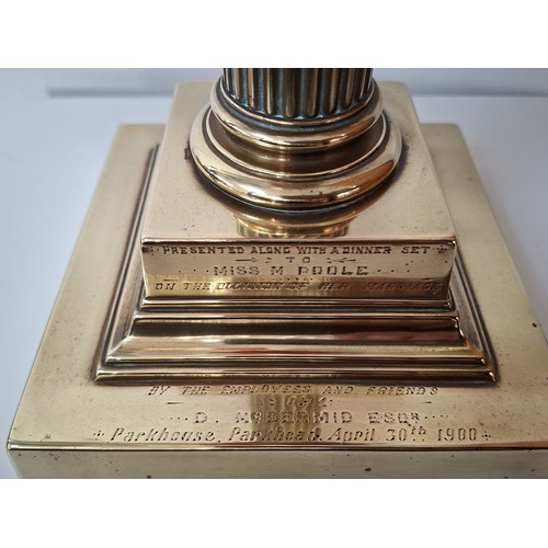 23 - Cranberry glass font brass oil lamp circa 1900 with inscription