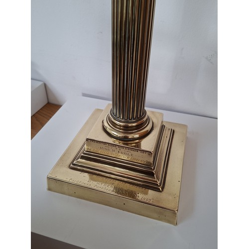 23 - Cranberry glass font brass oil lamp circa 1900 with inscription