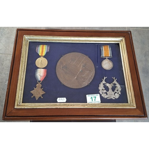 17 - Framed Death Penny with medals and Bydand badge James McLeod Gordon Highlanders