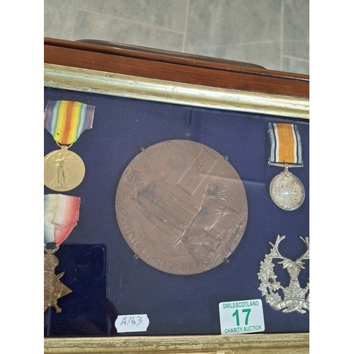 17 - Framed Death Penny with medals and Bydand badge James McLeod Gordon Highlanders