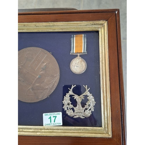 17 - Framed Death Penny with medals and Bydand badge James McLeod Gordon Highlanders