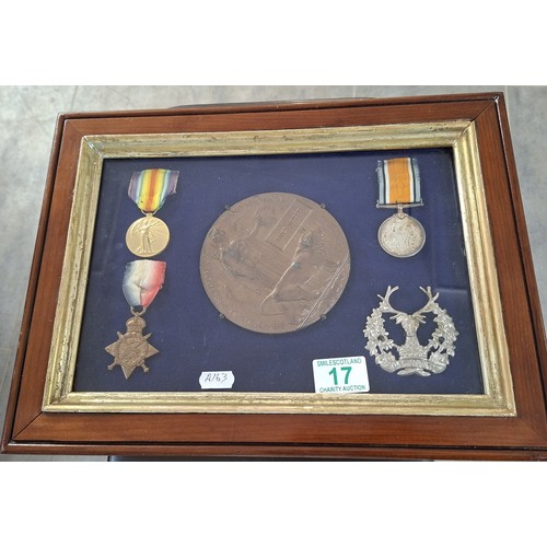 17 - Framed Death Penny with medals and Bydand badge James McLeod Gordon Highlanders
