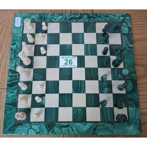 26 - Malachite and marble chess set and pieces some missing 28cm² Approx.