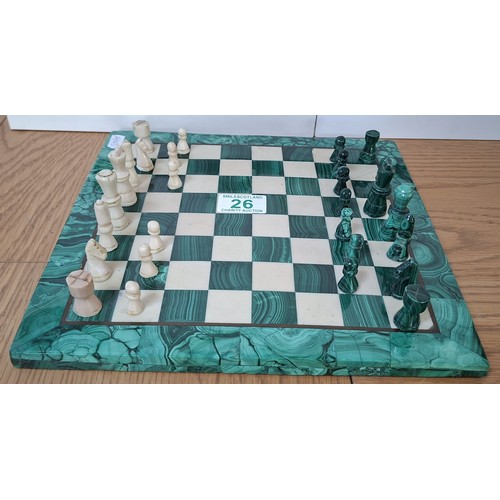 26 - Malachite and marble chess set and pieces some missing 28cm² Approx.