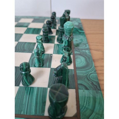 26 - Malachite and marble chess set and pieces some missing 28cm² Approx.