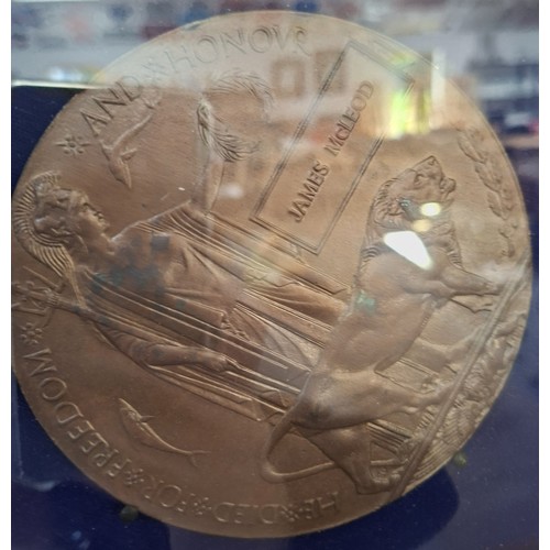 17 - Framed Death Penny with medals and Bydand badge James McLeod Gordon Highlanders