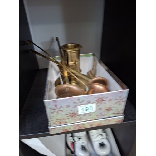 190 - Brass large candle holder, brass boots and copper spirit ladles