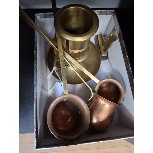 190 - Brass large candle holder, brass boots and copper spirit ladles
