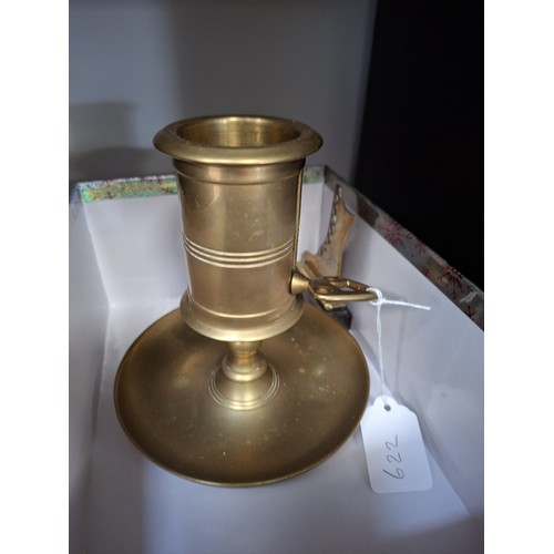 190 - Brass large candle holder, brass boots and copper spirit ladles