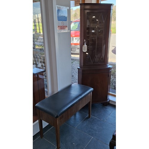 1 - Mahogany corner display unit plus piano stool with storage