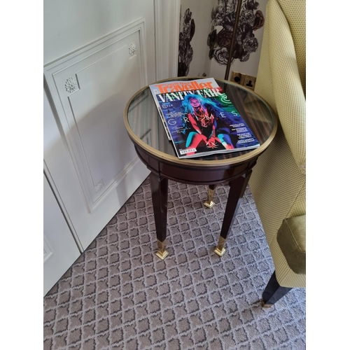 1006 - Circular Side Table With Antiqued Plate Top And Brass Trim Mounted On Tapering Legs With Brass Foot ... 