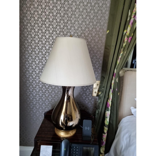 1019 - A Pair Of Table Lamps Gold Body With Dark Wooden Base Twin Bulb With Cream Textured Shades 75cm (Roo... 