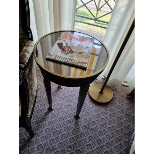 1021 - Circular Side Table With Antiqued Plate Top And Brass Trim Mounted On Tapering Legs With Brass Foot ... 