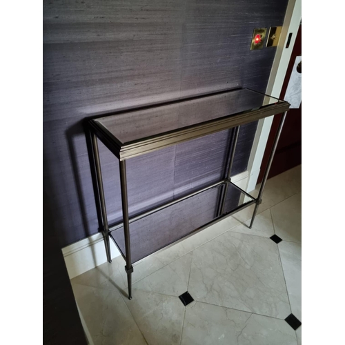 1033 - A Forged Metal Two Tier Console Table With Glass Shelves 88 x 24 x 74cm  (Room 414)