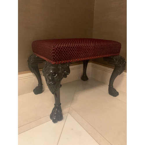 185 - Hall Bench Upholstered Red Seat Pad With Nail Head Trim On Mask Knuckle Cabriole Legs Terminating In... 