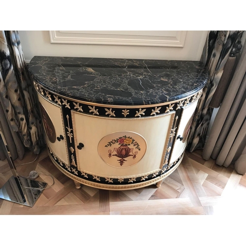 1962 - Adam Style Demilune Commode Cabinet With Classical Painted Scenes And Gilded Decoration With Marble ... 