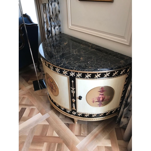 1962 - Adam Style Demilune Commode Cabinet With Classical Painted Scenes And Gilded Decoration With Marble ... 