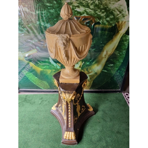 2 - Adam style wooden tripod base stand and reconstituted Adam style urn stained wood and gilded shaped ... 