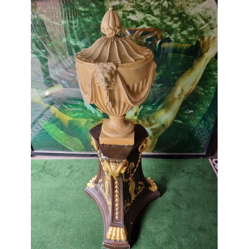 2 - Adam style wooden tripod base stand and reconstituted Adam style urn stained wood and gilded shaped ... 