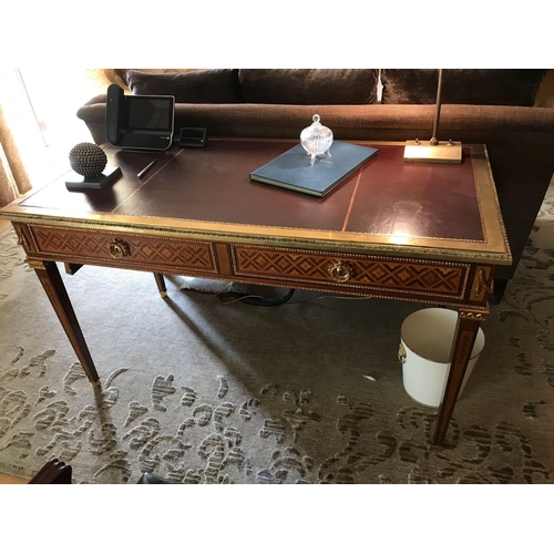 2026 - Writing Desk High Gloss Ebony Wood With Tooled Leather Inlay Faux Central Drawer Flanked By Single D... 