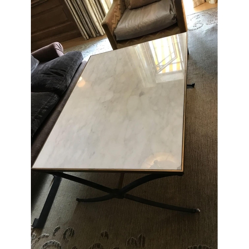 2031 - Bevelled White Marble Coffee Table With Bronzed Frame Criss-Cross Style Legs And Pole Stretcher 115 ... 