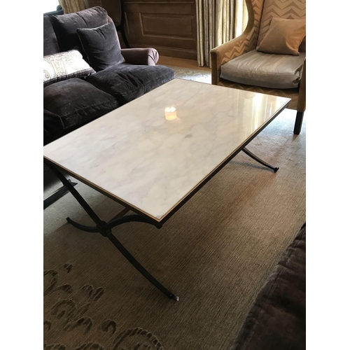 2031 - Bevelled White Marble Coffee Table With Bronzed Frame Criss-Cross Style Legs And Pole Stretcher 115 ... 