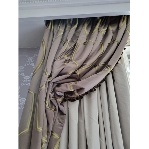 2052 - A Pair Of Silk Drapes And Jabots With Tie Backs Span 255 x 220cm (Room 415)