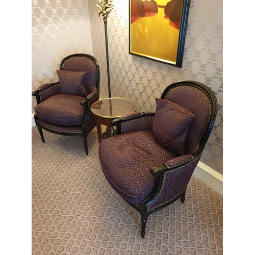 2055 - A Pair Of Bergere Chairs Black Wood Frame Upholstered In A Dark Mauve Pattern With Stud Pin Detail 6... 