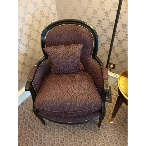 2055 - A Pair Of Bergere Chairs Black Wood Frame Upholstered In A Dark Mauve Pattern With Stud Pin Detail 6... 