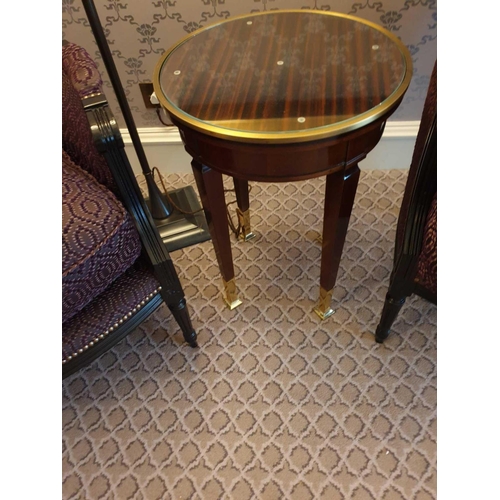 2056 - Circular Side Table With Antiqued Plate Top And Brass Trim Mounted On Tapering Legs With Brass Foot ... 