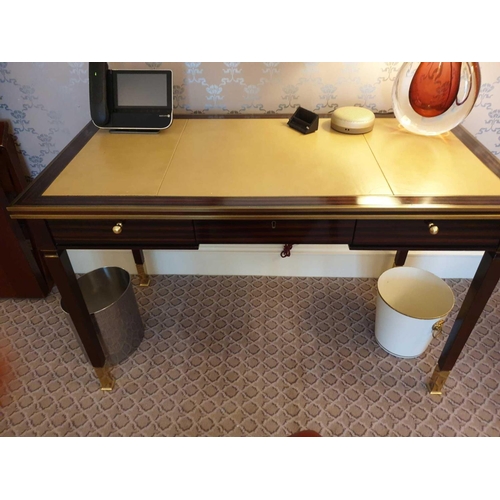 2057 - Writing Desk High Gloss Ebony Wood With Tooled Leather Inlay Faux Central Drawer Flanked By Single D... 