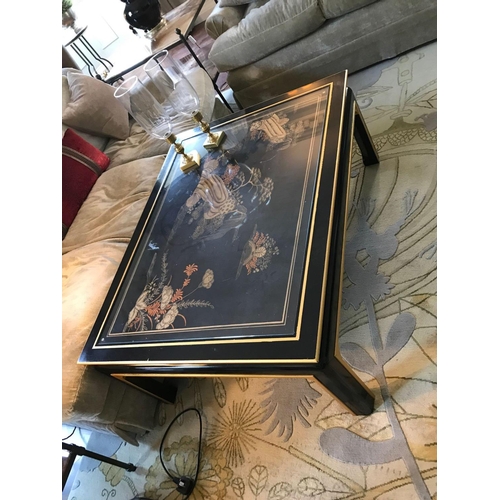 2096 - Black Lacquer Hand Decorated Chinoiserie Coffee Table With Inset Bevelled Glass Top And Gilt Line De... 