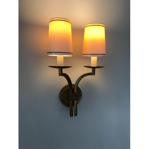 2103 - A Pair Dernier And Hamlyn Twin Arm Antique Bronzed Wall Sconces With Shade (Room 417)