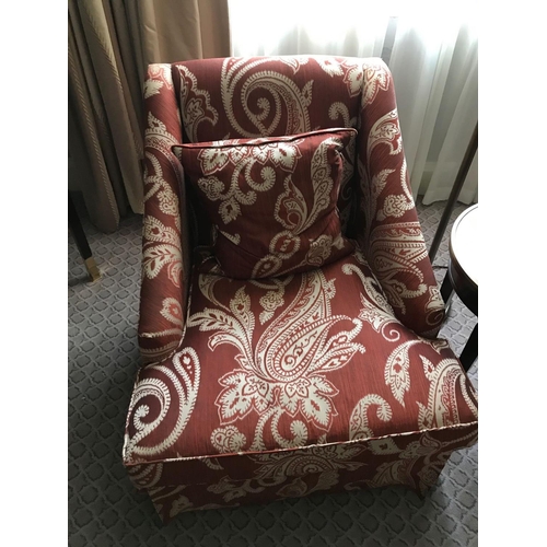 2168 - A Pair Of Bergere Chairs Black Wood Frame Upholstered In A Rust Red And Cream Damask Pattern With St... 