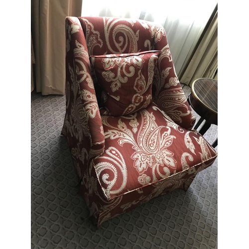 2168 - A Pair Of Bergere Chairs Black Wood Frame Upholstered In A Rust Red And Cream Damask Pattern With St... 