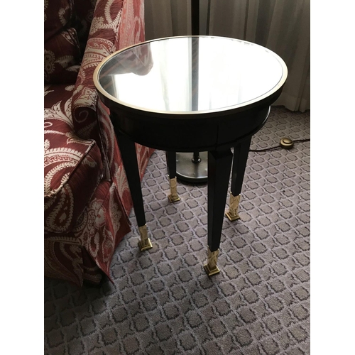 2169 - Circular Side Table With Antiqued Plate Top And Brass Trim Mounted On Tapering Legs With Brass Foot ... 