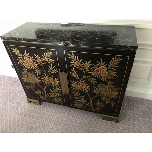 2209 - Black Lacquer Hand Decorated Chinoiserie Two Door Sideboard By Restall Brown And Clennell 120 x 45 x... 