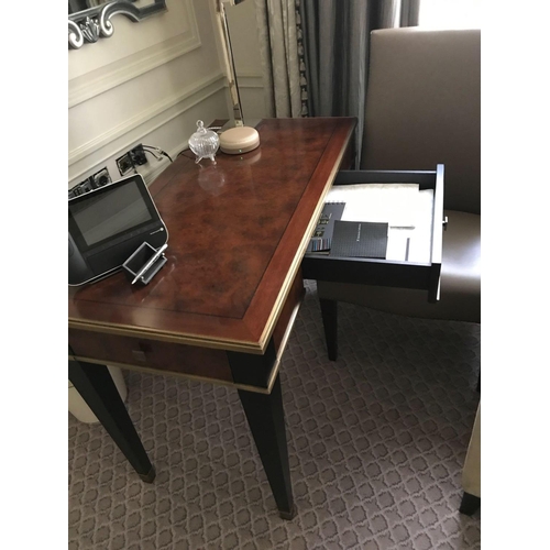 2210 - Burr Mahogany Writing Table With Central Drawer The Apron And Top With Brass Decoration Mounted On S... 